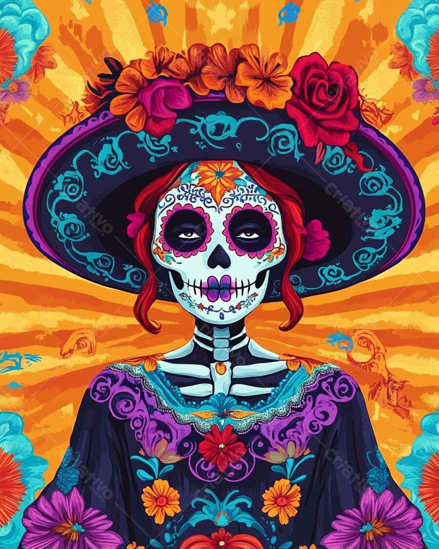 Calavera Catrina mexicana com chapéu floral e vestido vibrante do Dia dos Mortos