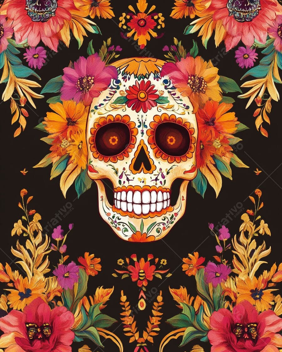 Calavera mexicana decorada com flores vibrantes para o Dia de Muertos em fundo preto