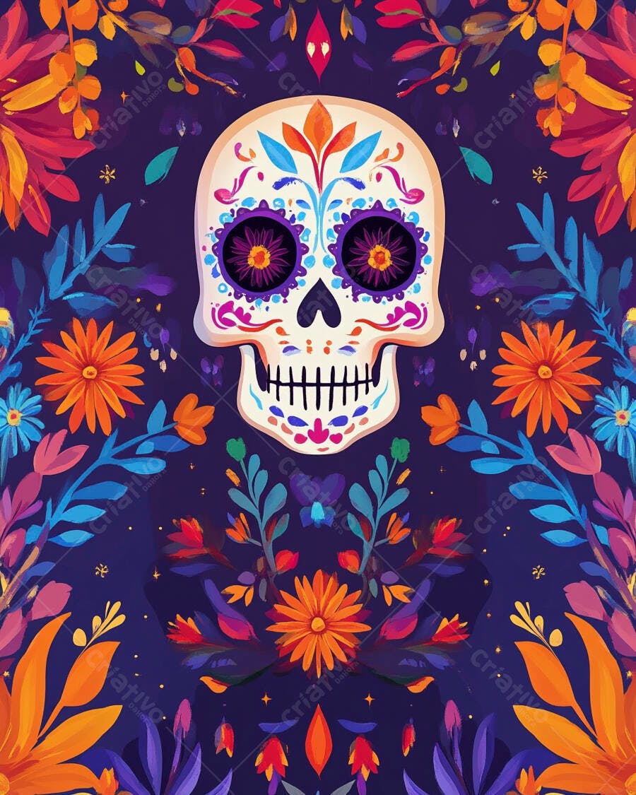 Calavera mexicana vibrante com flores coloridas em fundo azul escuro
