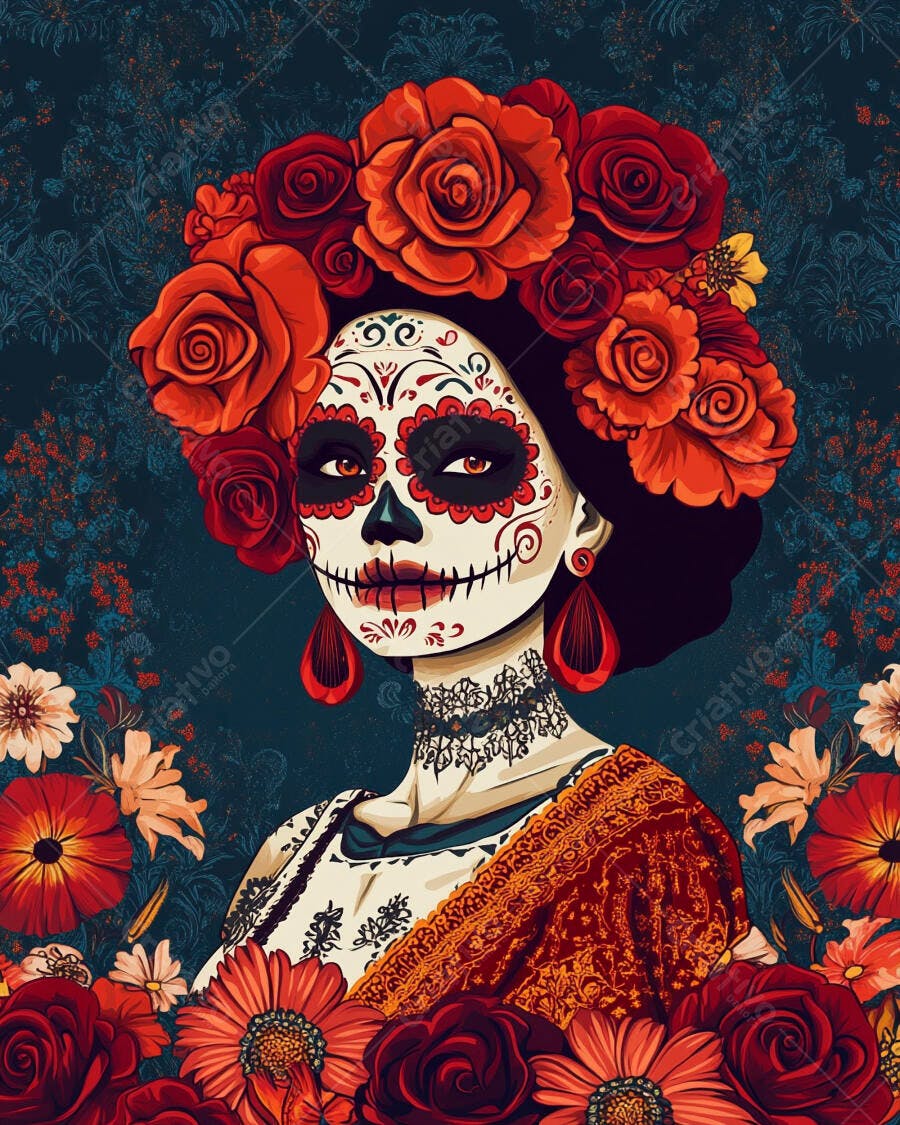 Mulher Catrina com maquiagem de caveira mexicana e coroa de rosas vermelhas