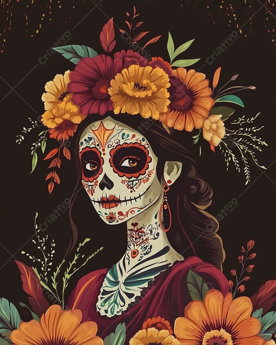 Mulher Catrina maquiagem facial Dia dos Mortos flores coloridas