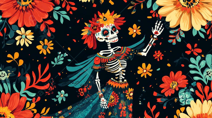 Calavera Catrina colorida em celebração do Dia de Muertos com flores vibrantes