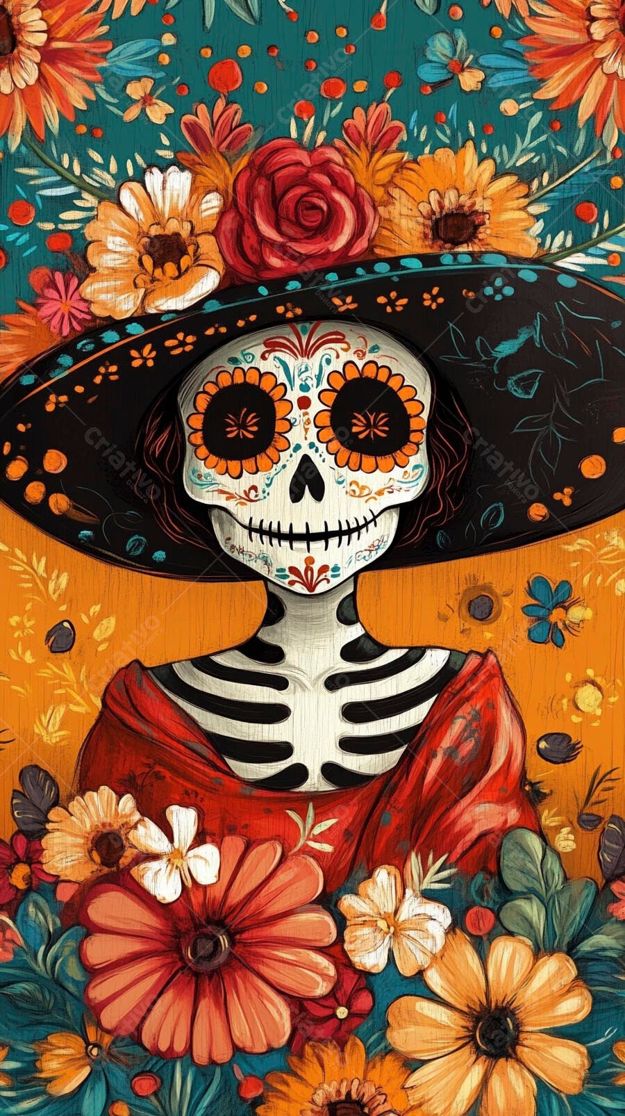 Calavera Catrina vestida de vermelho com chapéu e flores coloridas em fundo laranja