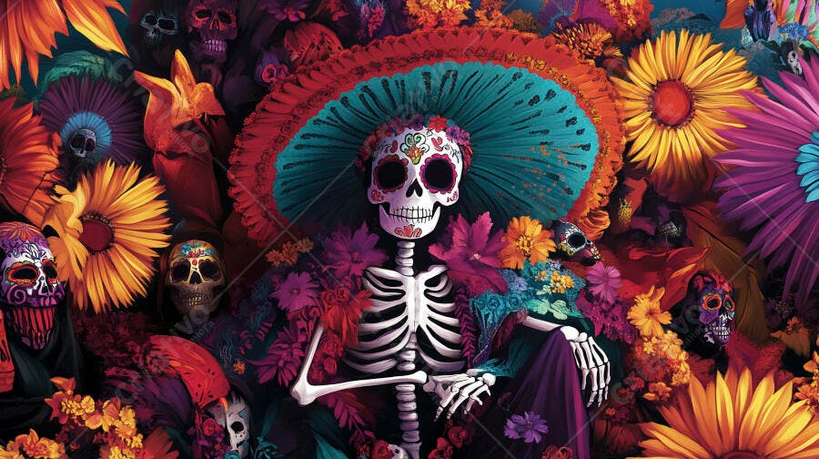 Esqueleto Catrina cercado por flores vibrantes e crânios coloridos do Dia de los Muertos