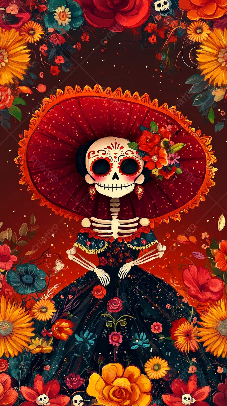 Calavera Catrina vestido preto chapéu vermelho e flores coloridas Dia de Muertos