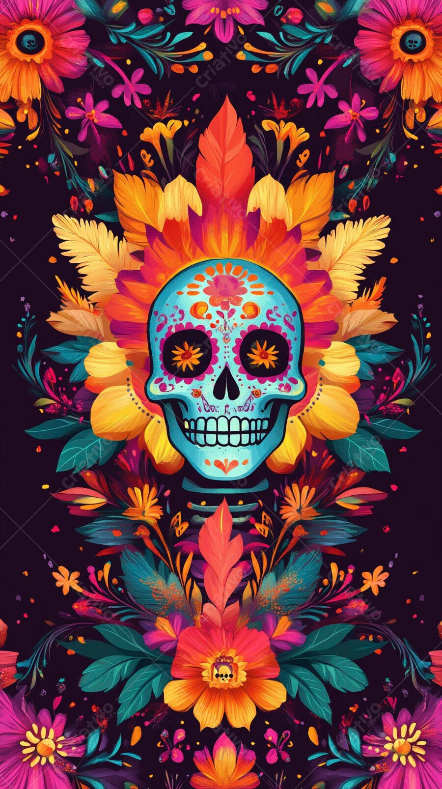 Calavera mexicana vibrante com flores coloridas Dia de los Muertos