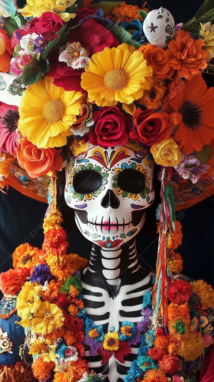 Calavera Catrina vibrante com flores coloridas e maquiagem facial mexicana
