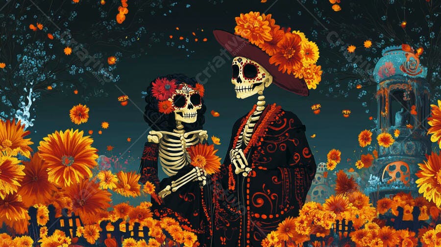 Casal esqueletos Catrinas celebra Dia de los Muertos com flores alaranjadas