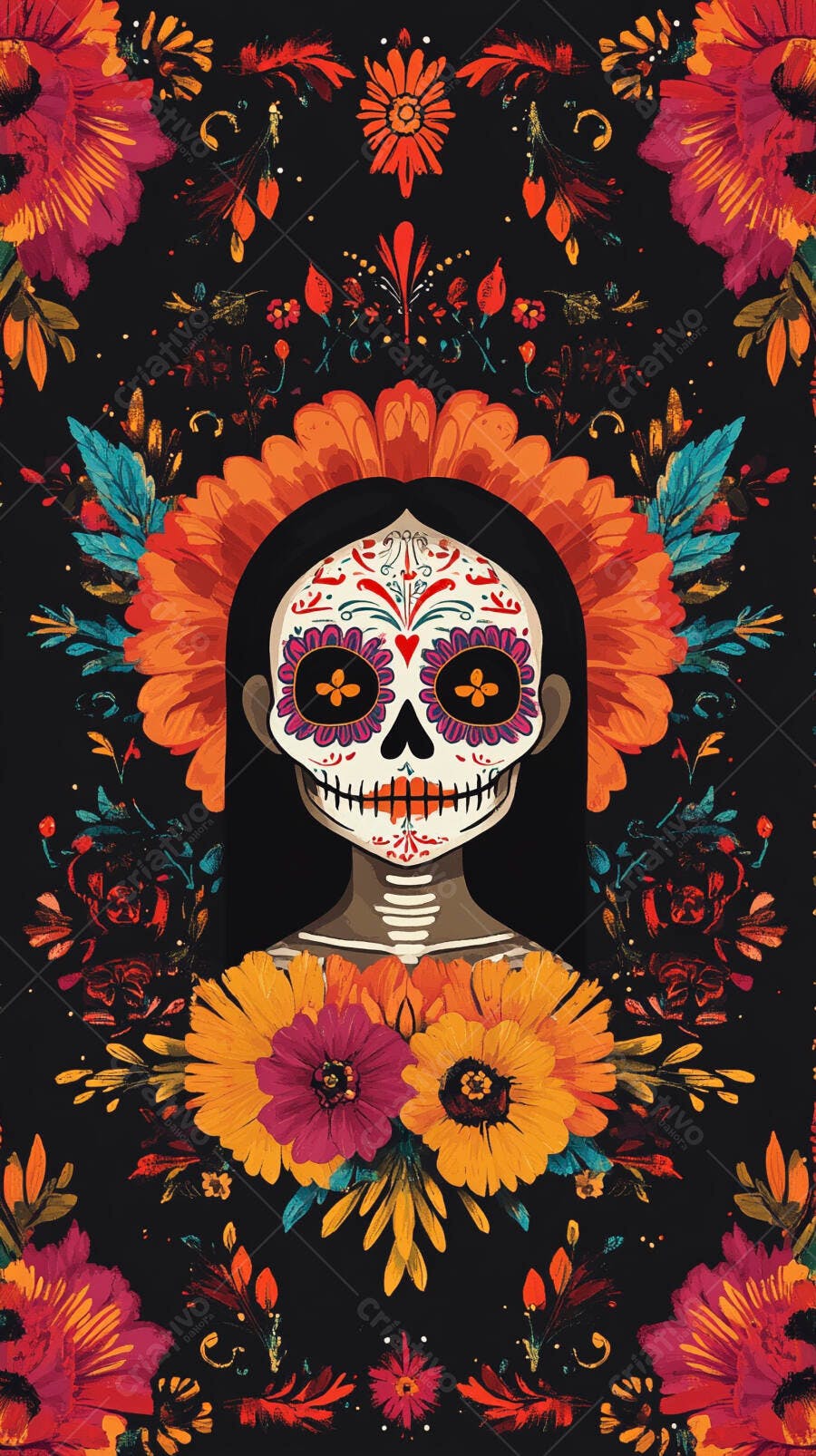 Calavera Catrina vibrante com flores mexicanas coloridas em fundo preto