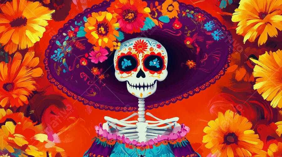 Calavera colorida com sombrero floral em celebração do Dia dos Mortos arte vibrante