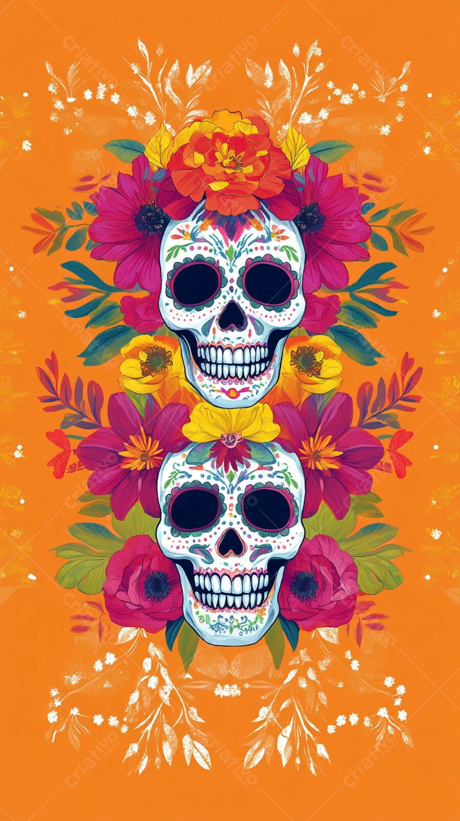 Calaveras mexicanas decoradas com flores vibrantes Dia de Muertos