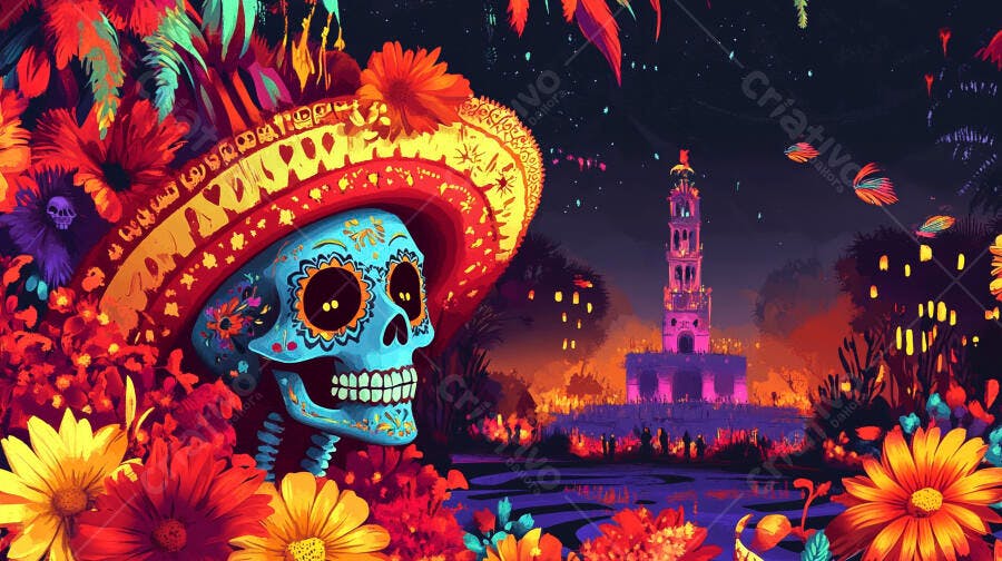 Caveira de açúcar azul vibrante com sombrero e flores em festa noturna mexicana