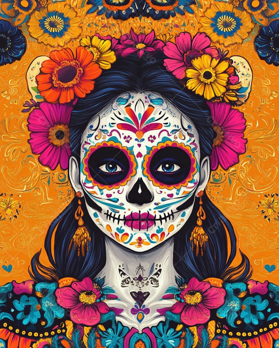 Mulher Calavera Catrina maquiagem vibrante florido Dia dos Mortos cores alegres
