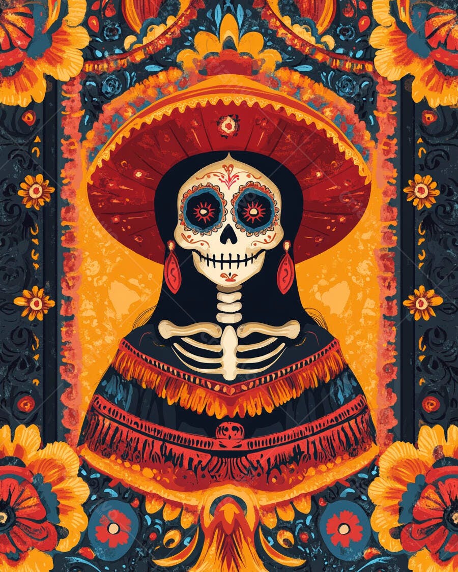 Calavera Catrina com sombrero e poncho cores vibrantes Dia dos Mortos