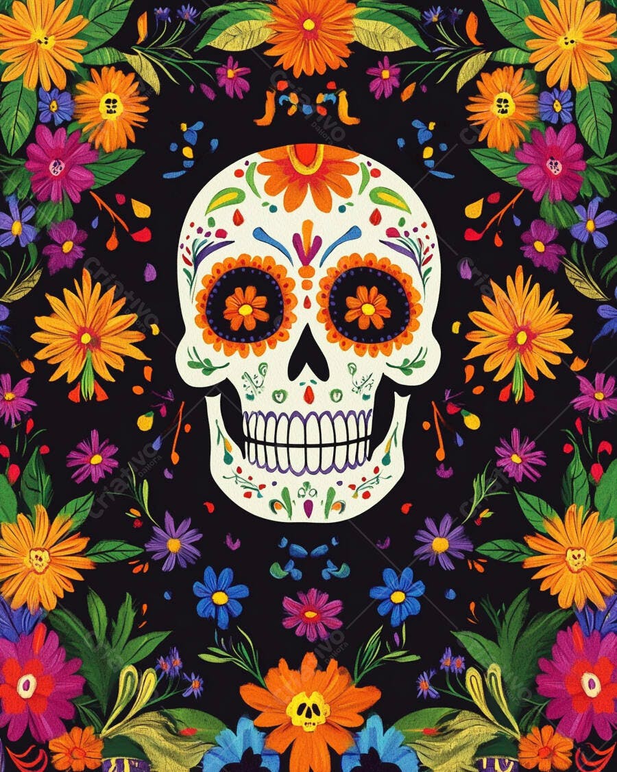 Caveira mexicana decorada com flores coloridas em fundo preto