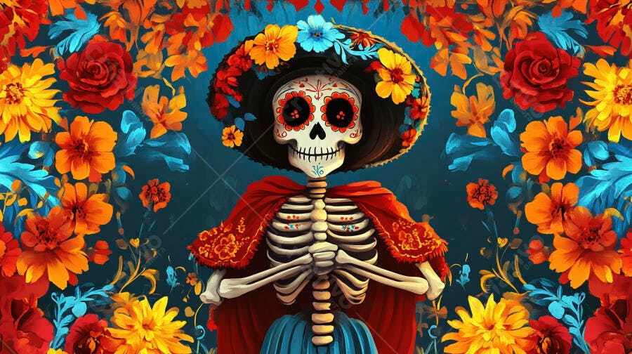 Calavera mexicana vestida com sombrero floral e capa vermelha em fundo azul escuro
