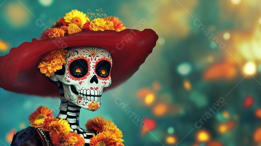 Calavera Catrina decorada com chapéu vermelho e flores Dia de Muertos
