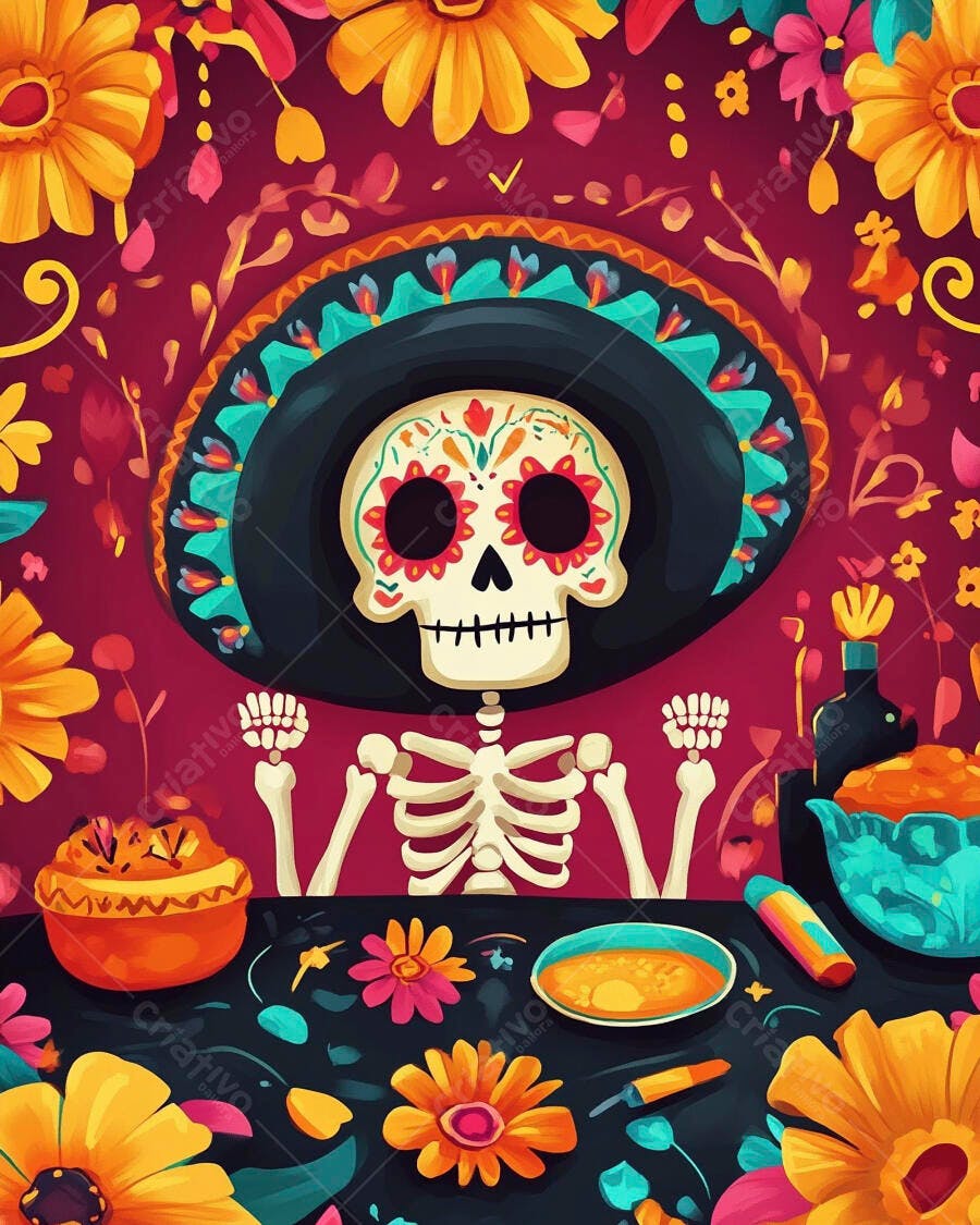Caveira mexicana colorida sombrero e oferendas do Dia dos Mortos