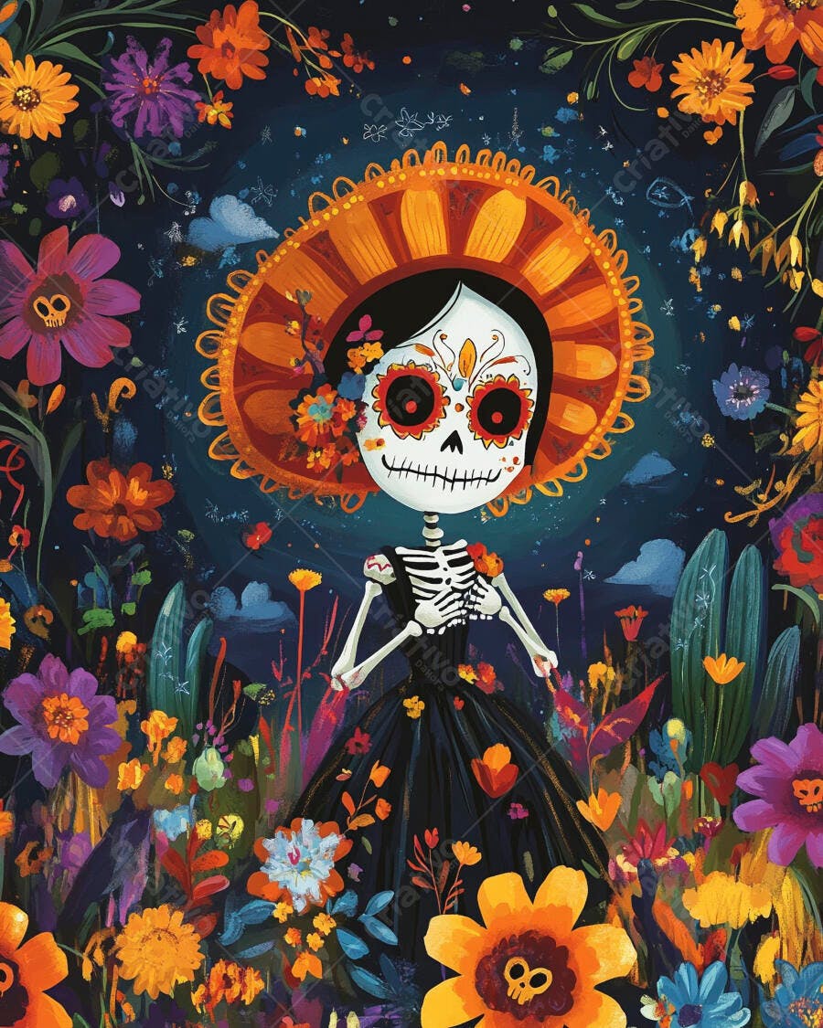 Catrina colorida em vestido preto e chapéu festivo no jardim Dia dos Mortos