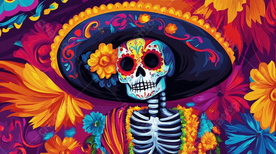 Esqueleto decorado Catrina com sombrero e flores vibrantes Dia dos Mortos