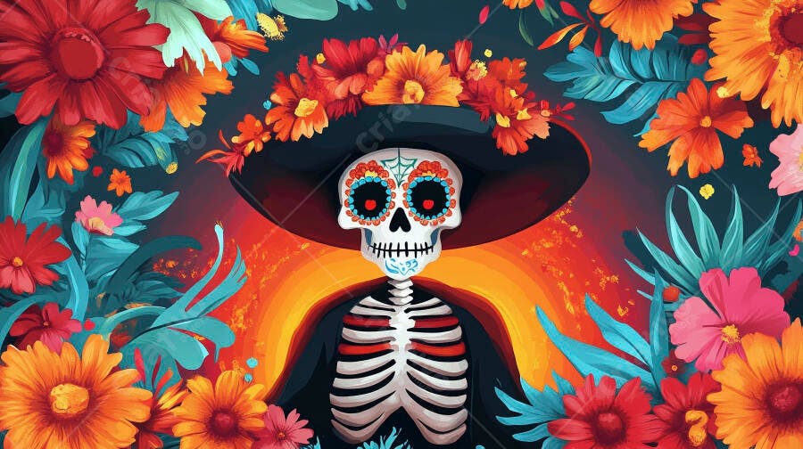 Calavera mexicana com sombrero e flores vibrantes Dia de los Muertos