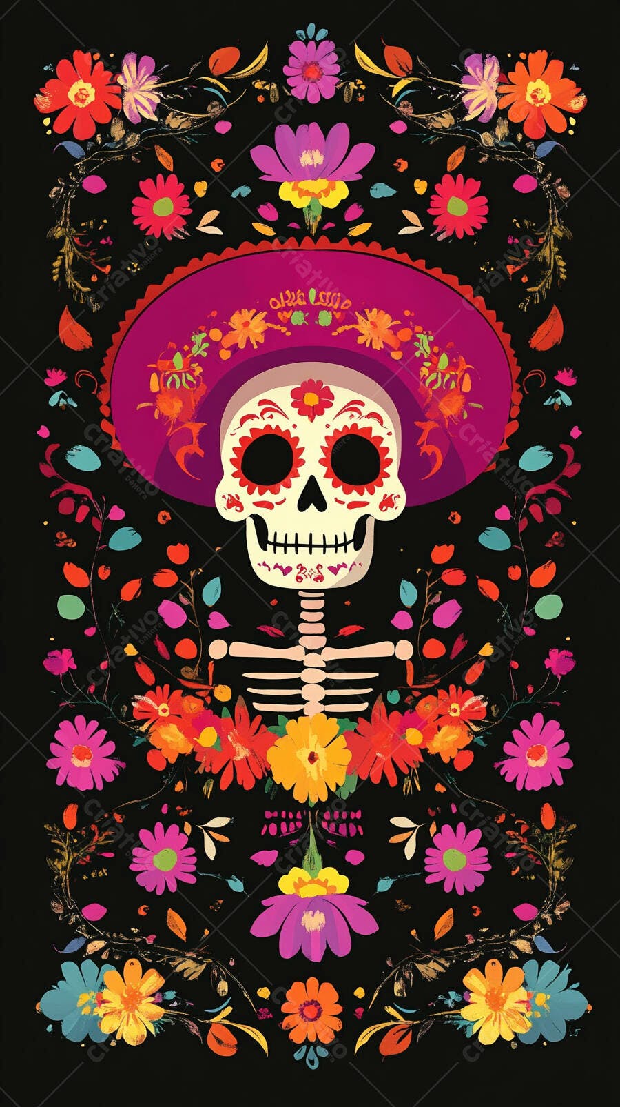 Ilustração caveira mexicana vibrante com flores e sombrero Dia dos Mortos