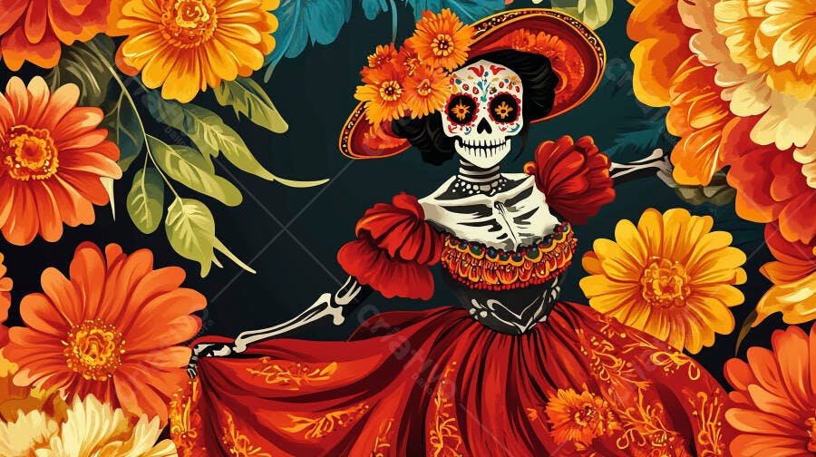 Catrina festiva com vestido vermelho flores laranja e maquiagem de caveira mexicana Dia dos Mortos