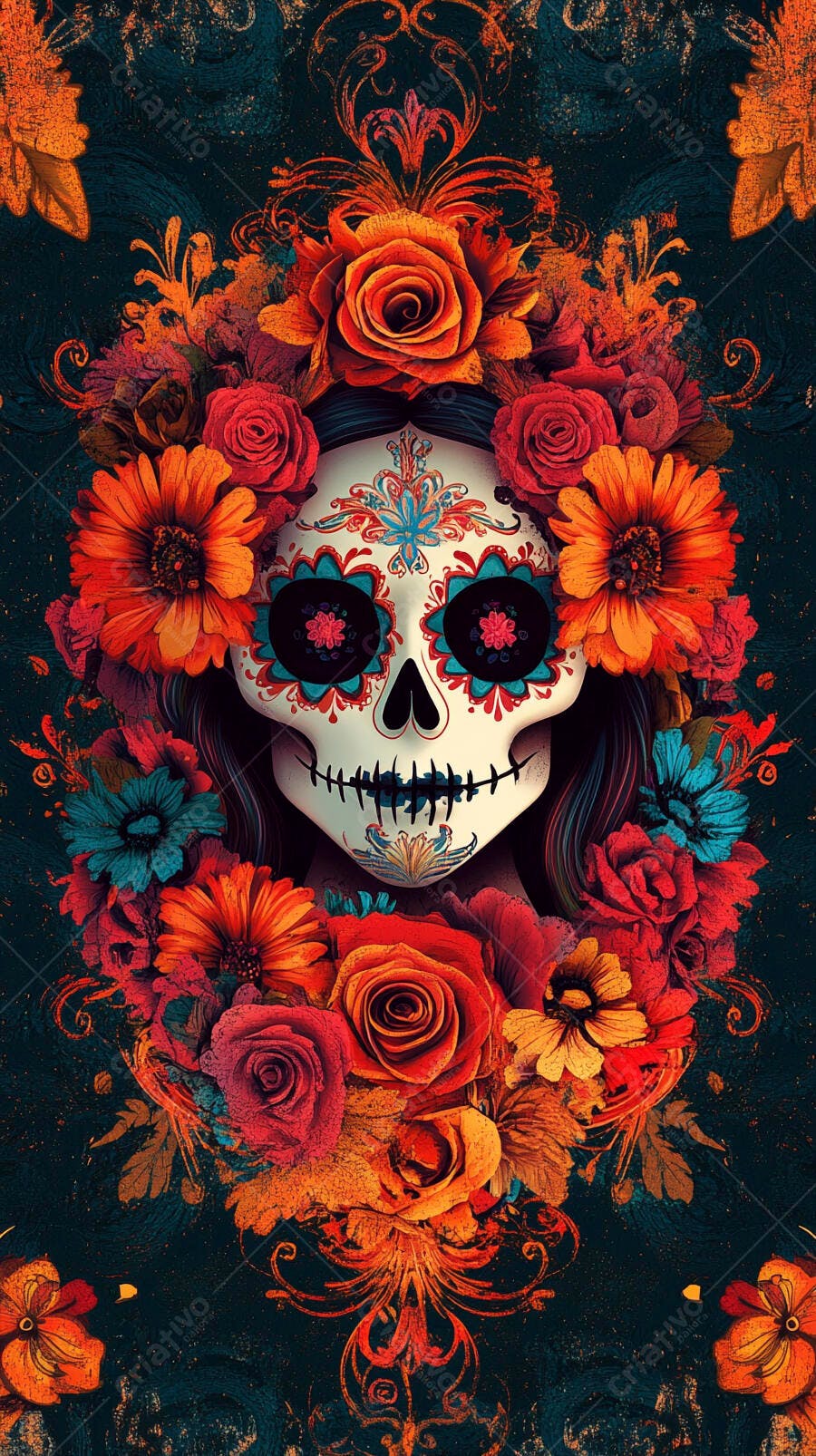Calavera mexicana colorida com flores vibrantes para Dia dos Mortos
