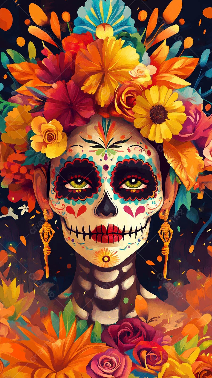 Calavera Catrina mulher com maquiagem caveira e flores vibrantes Dia dos Mortos