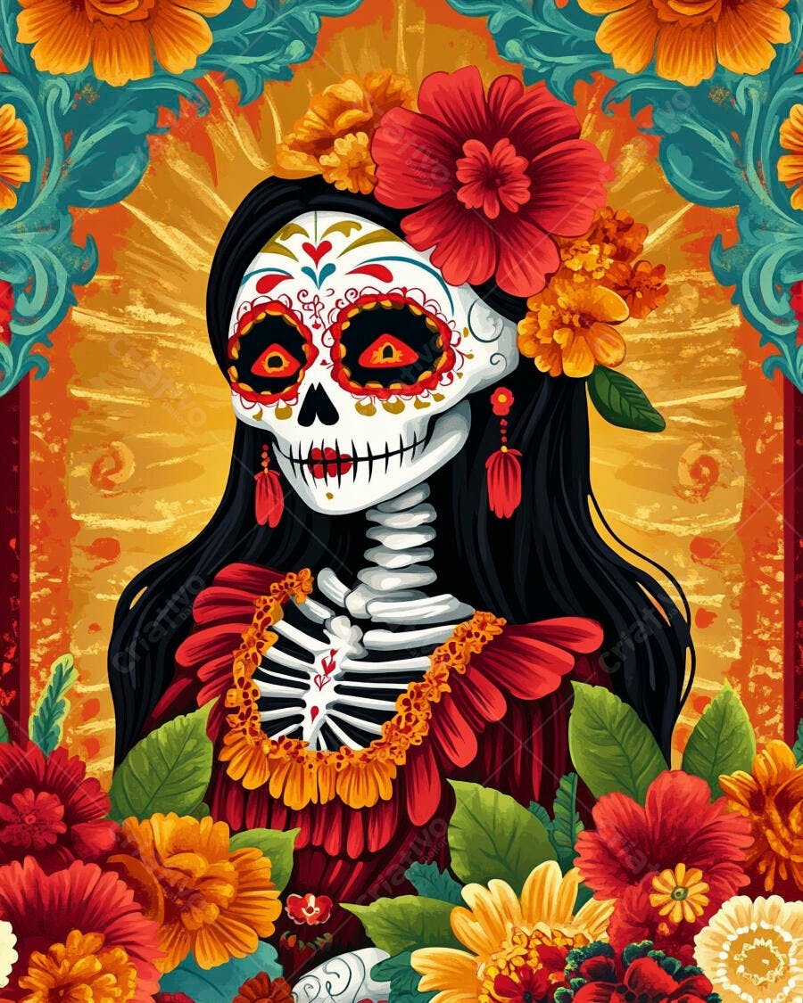 Catrina caveira mexicana com flores vibrantes para Dia dos Mortos