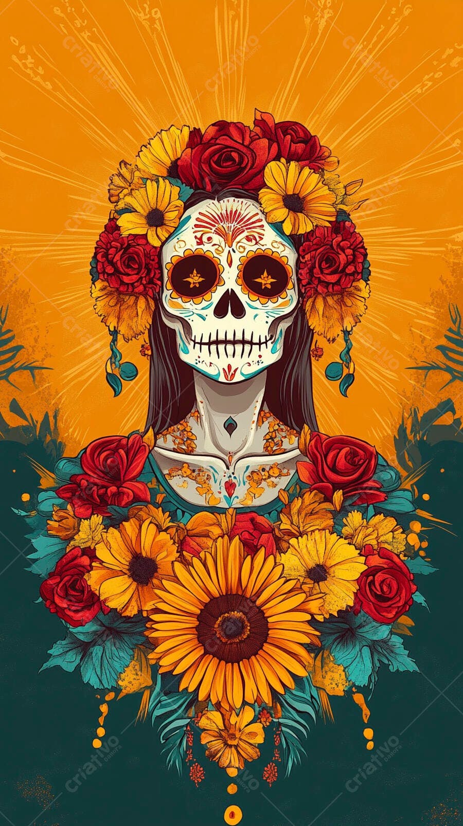 Calavera Catrina com flores vibrantes e fundo laranja Dia dos Mortos