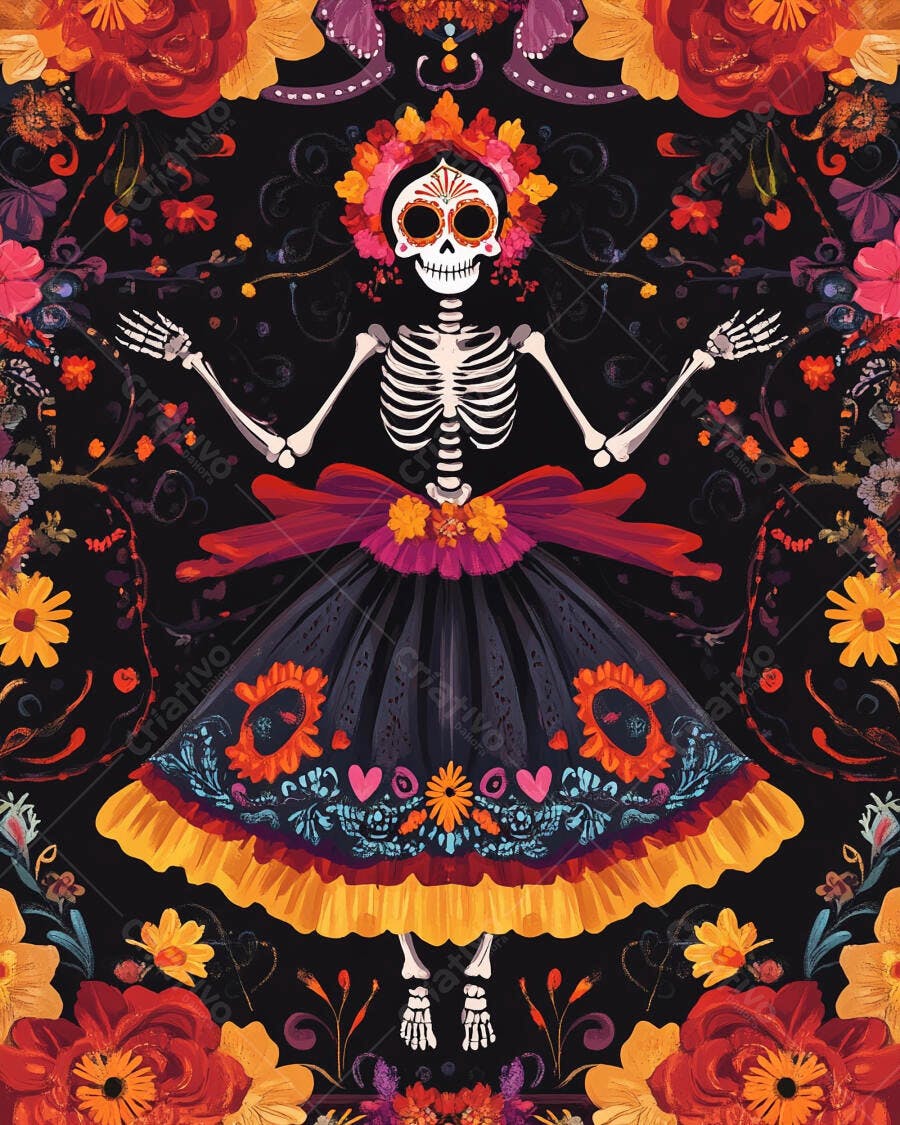 Catrina esqueleto feminino com vestido floral Dia de los Muertos fundo preto