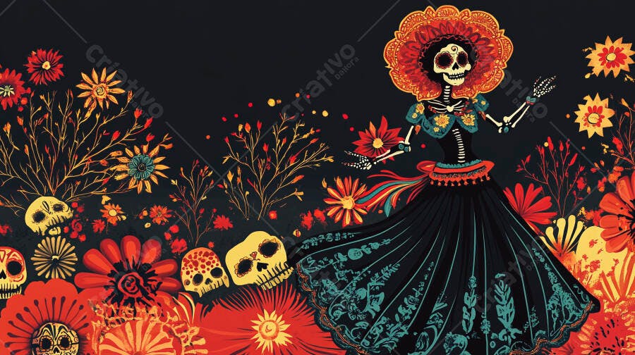 Catrina esqueleto dançando entre flores e caveiras Dia dos Mortos
