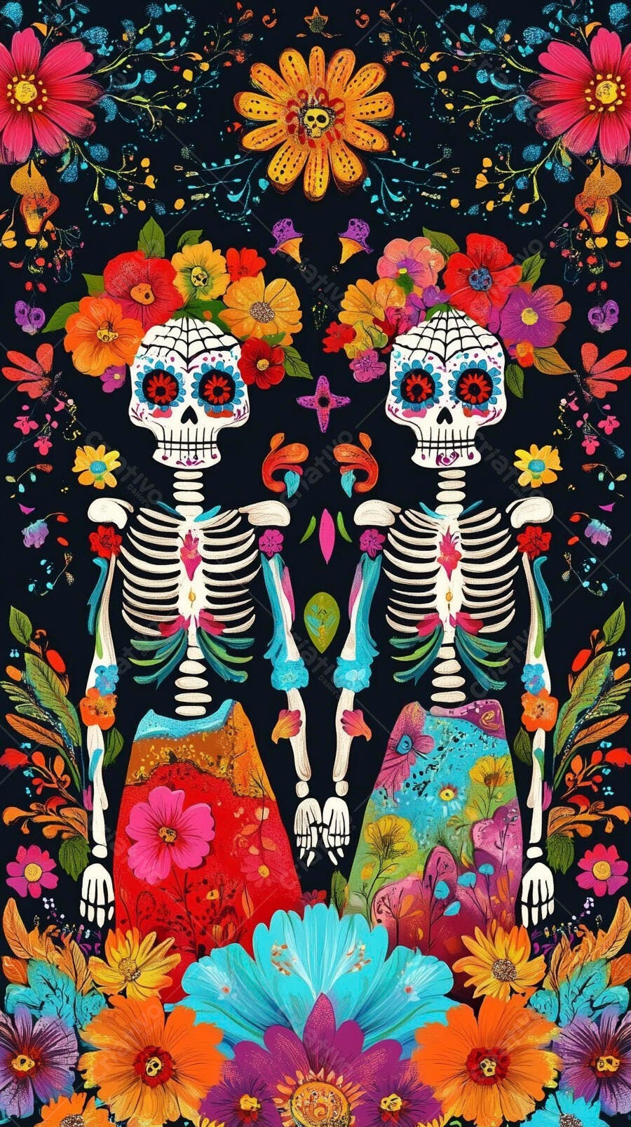 Duas caveiras mexicanas com flores vibrantes e coloridas Dia de Muertos
