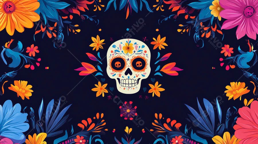 Calavera mexicana colorida com flores vibrantes para Dia de Muertos