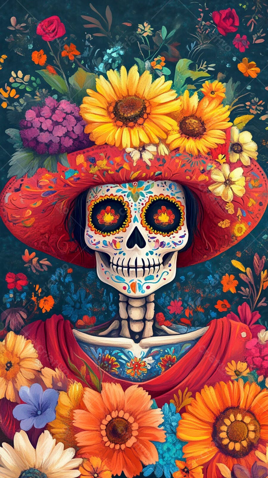 Calavera Catrina com chapeu vermelho e flores Dia dos Mortos