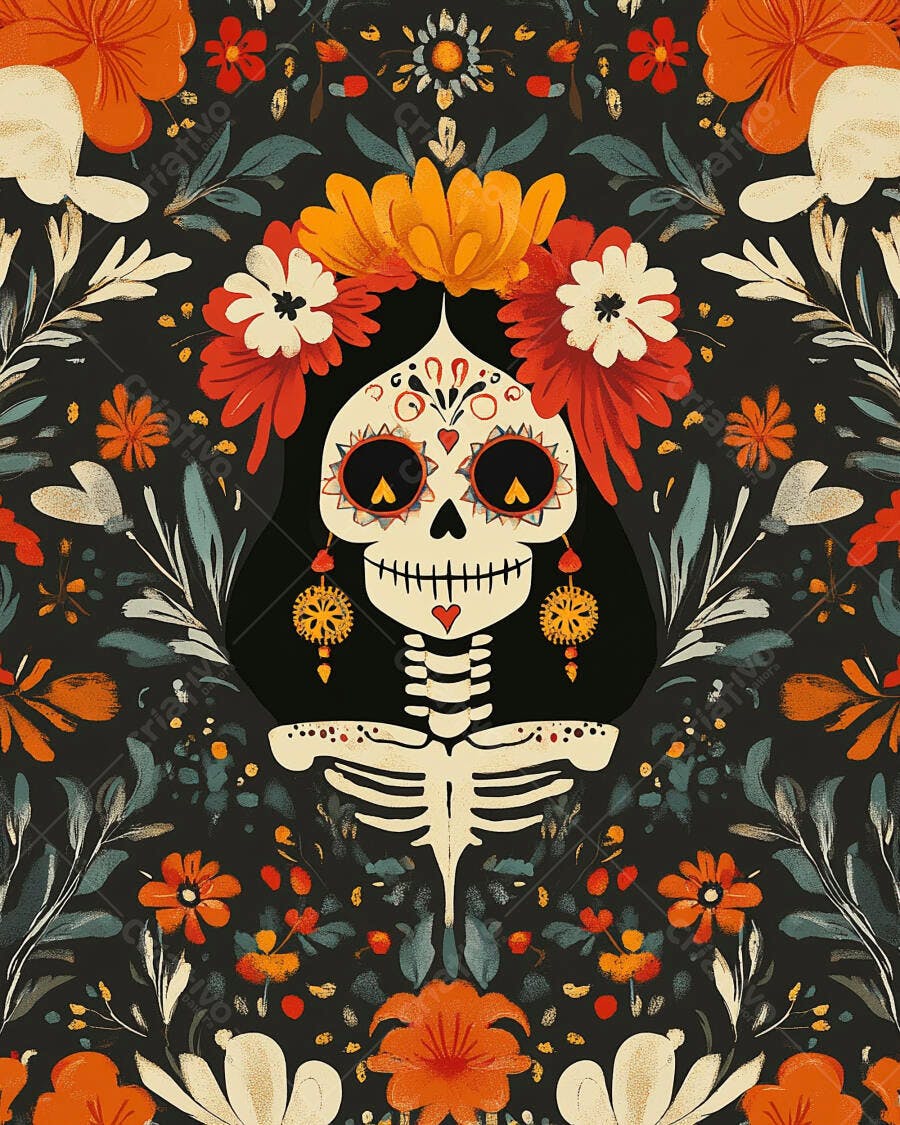Calavera mexicana com coroa de flores coloridas em fundo floral escuro