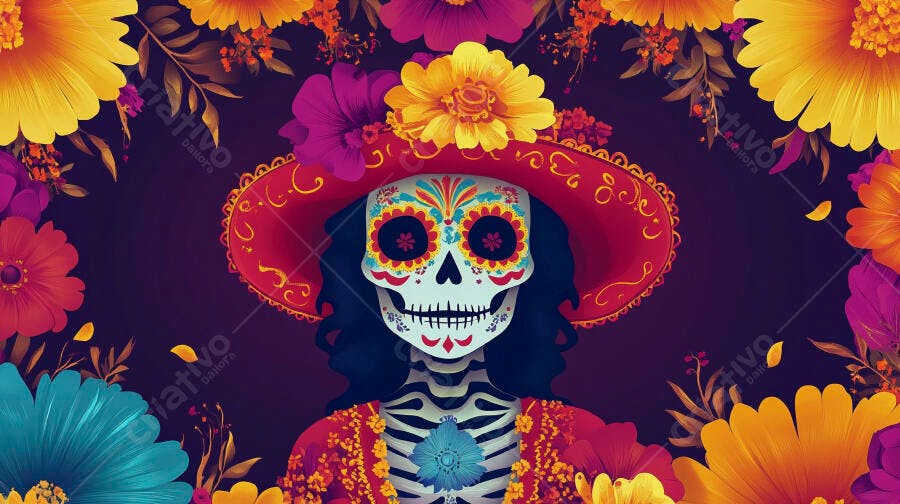 Caveira mexicana Catrina com chapéu vermelho e flores coloridas Dia de los Muertos arte digital