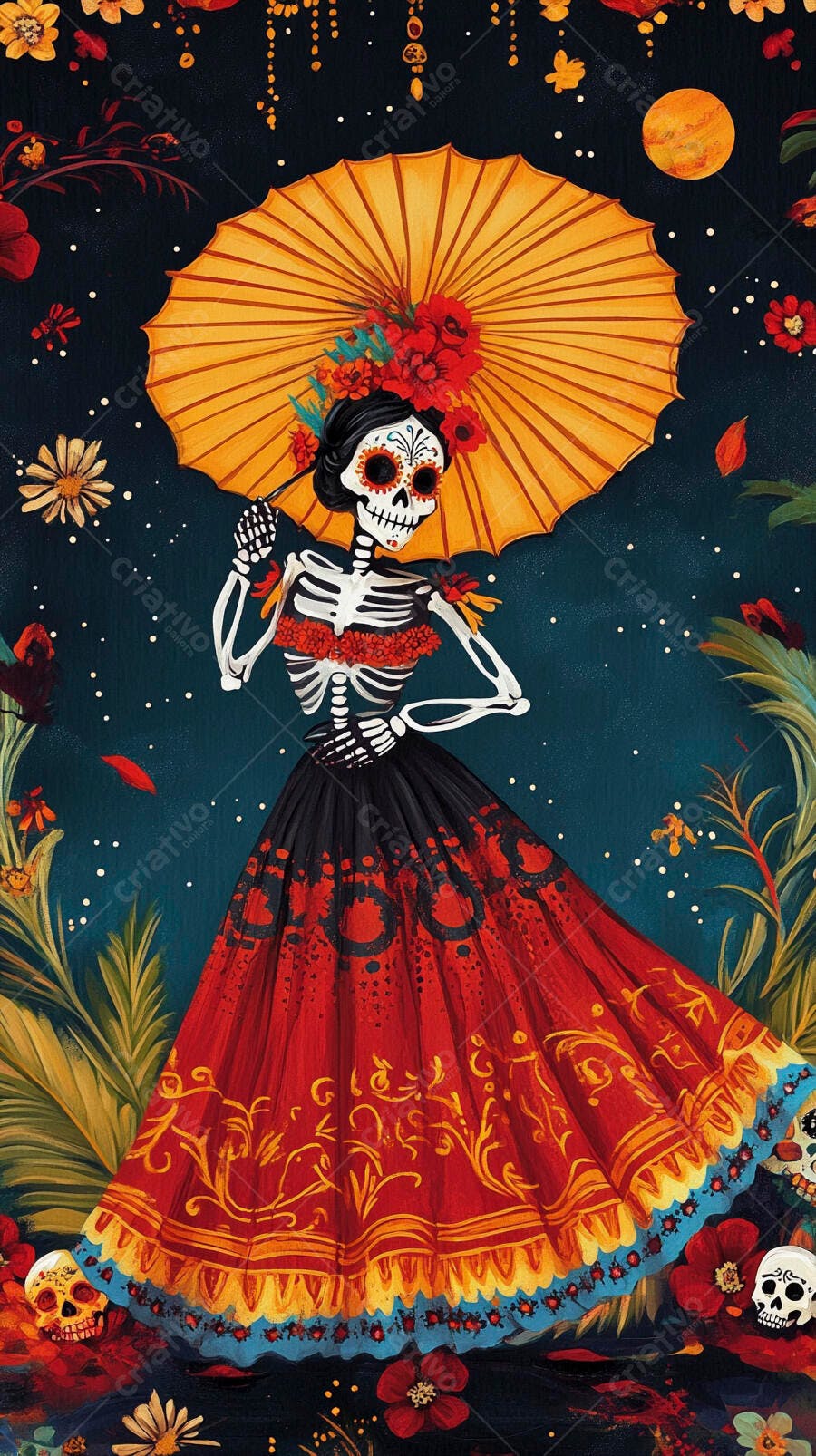 Catrina esqueleto em vestido vermelho com guarda-chuva amarelo Dia de Muertos