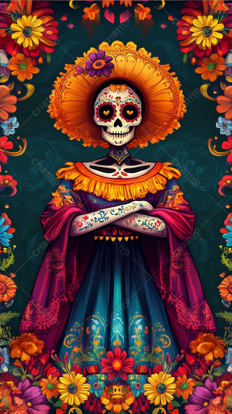 Catrina mexicana colorida com vestido floral e chapéu vibrante para Dia de Muertos