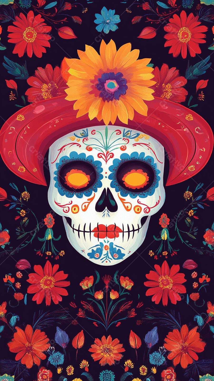 Calavera mexicana com chapéu vermelho e flores coloridas em fundo escuro
