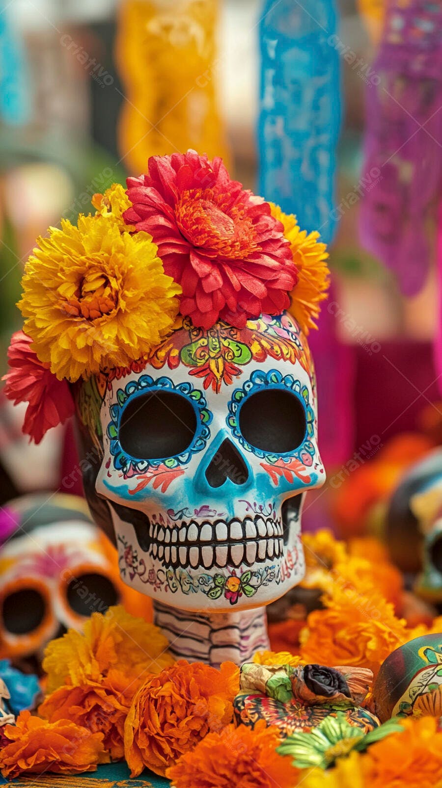 Calavera mexicana colorida com flores de cempasúchil para Dia de los Muertos