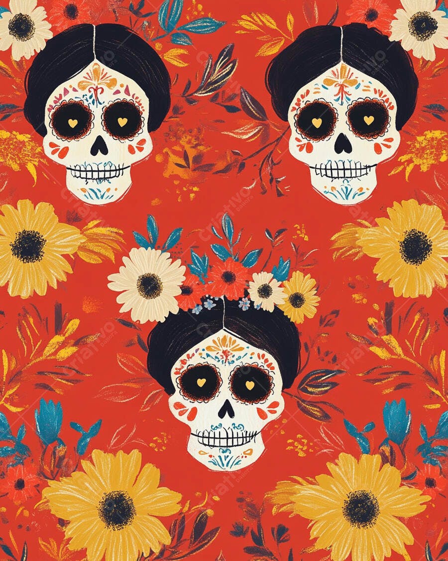 Caveiras mexicanas coloridas com flores padrão vibrante Dia de Muertos