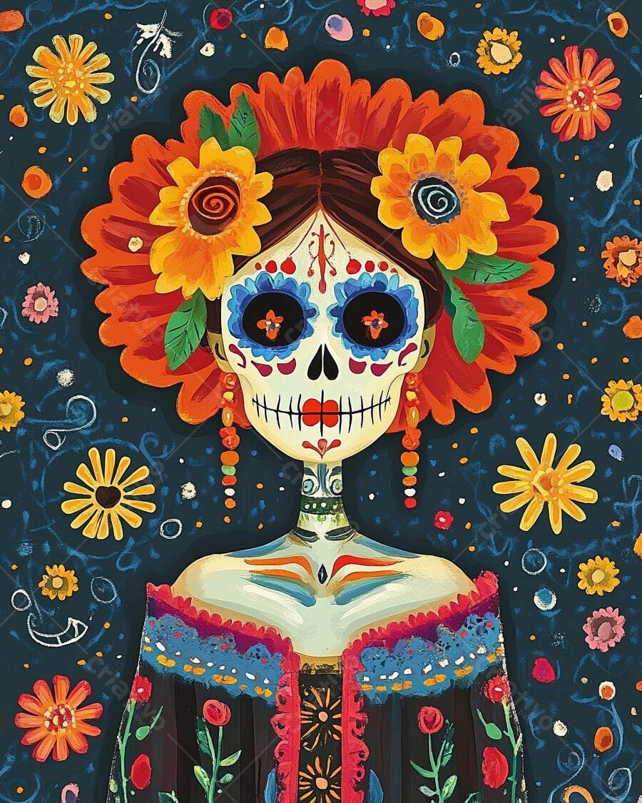 Mulher caveira mexicana Calavera Catrina com maquiagem floral Dia dos Mortos