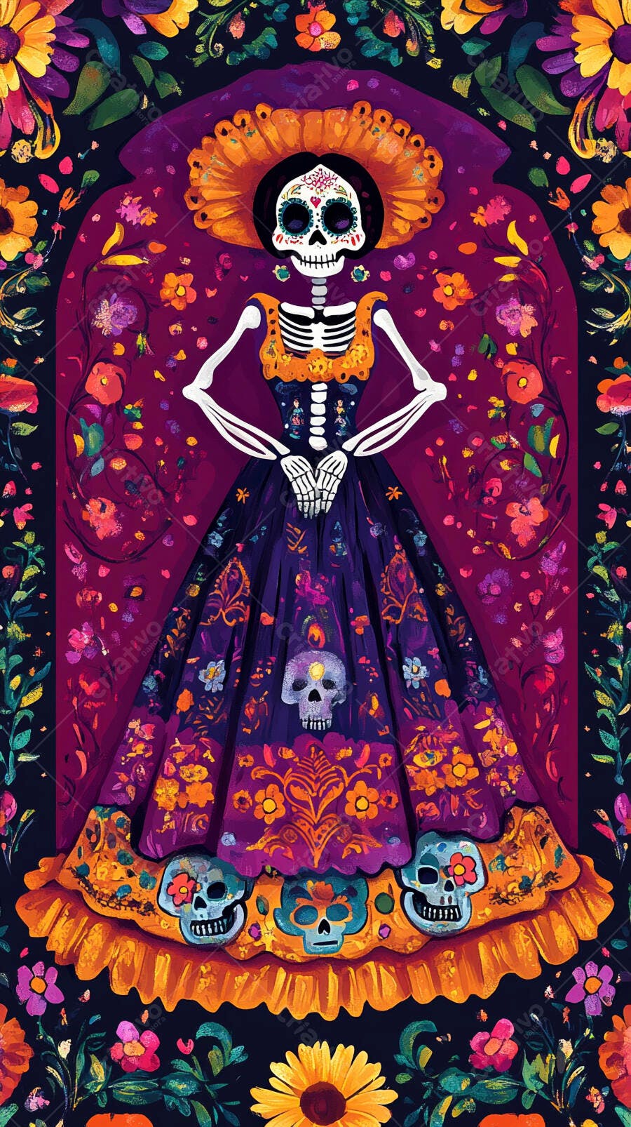 Catrina mexicana vibrante com vestido floral colorido para Dia de los Muertos