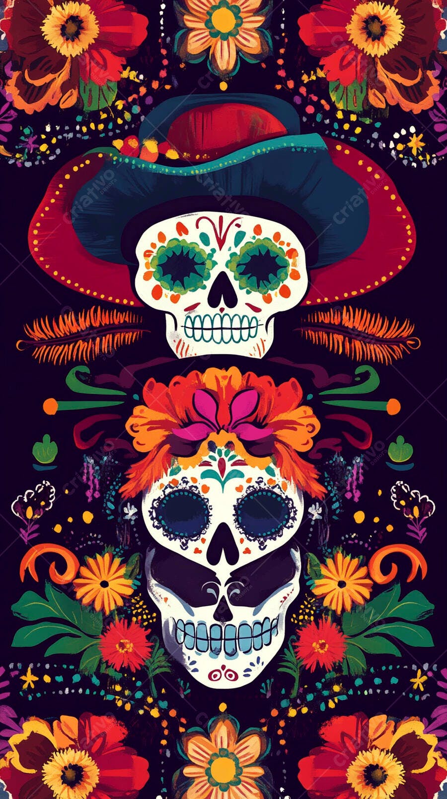 Caveiras de açúcar mexicanas coloridas com flores e sombrero Dia de Muertos