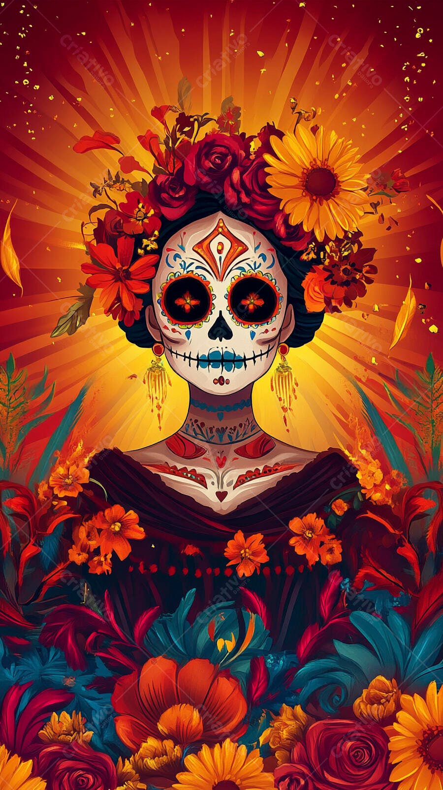 Catrina mexicana com maquiagem de caveira e flores vibrantes celebra Dia de Muertos