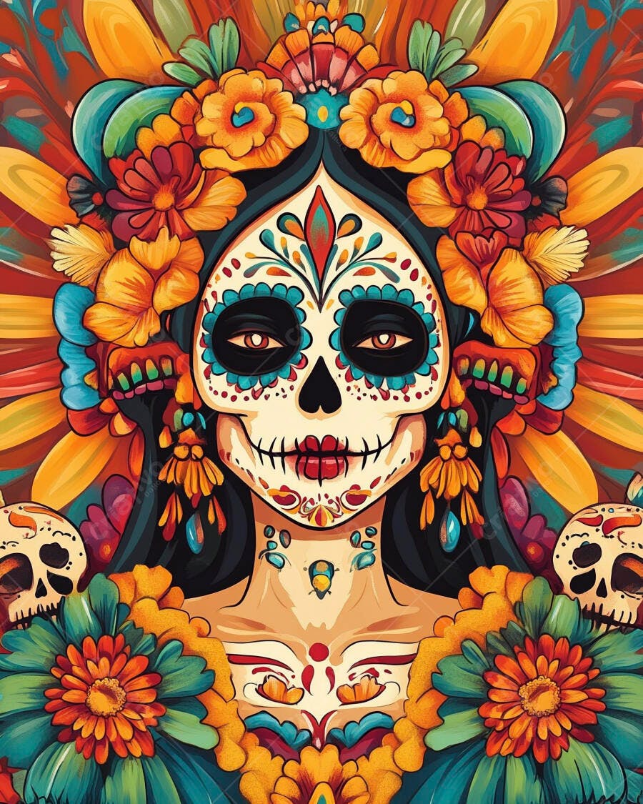 Calavera Catrina mulher com flores vibrantes e caveiras mexicanas