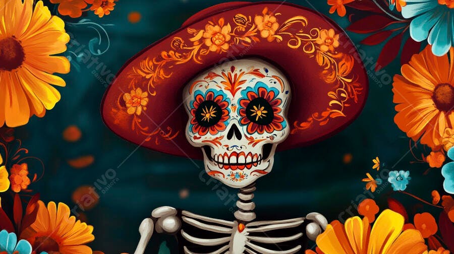 Caveira mexicana com chapéu vermelho floral rodeada por flores do Dia dos Mortos