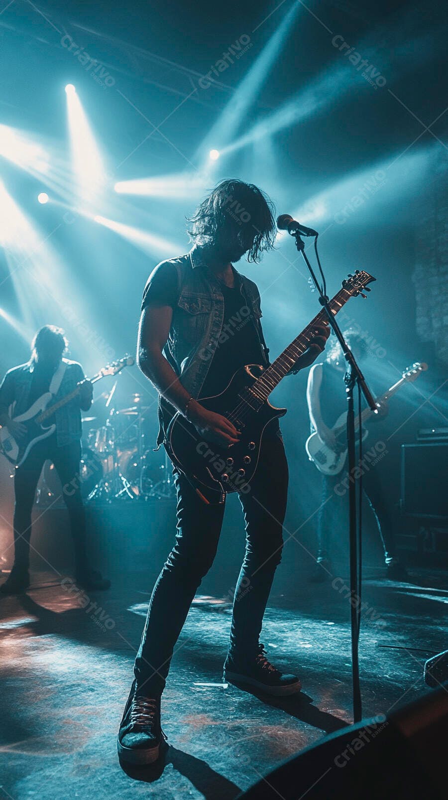 Guitarrista masculino tocando guitarra elétrica em show de rock com luzes azuis